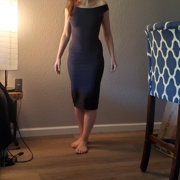 HERVE LEGER ARDELL BOAT-NECK BANDAGE DRESS in NAVY - Picture 7 of 8